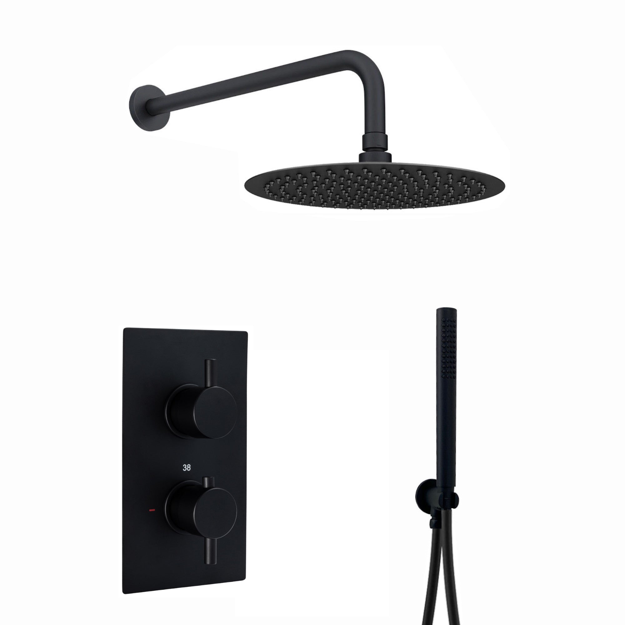 Venice Contemporary Round Concealed Thermostatic Shower Set Incl. Twin Valve, Wall Fixed 8" Shower Head, Handshower Kit - Matte Black (2 Outlet)